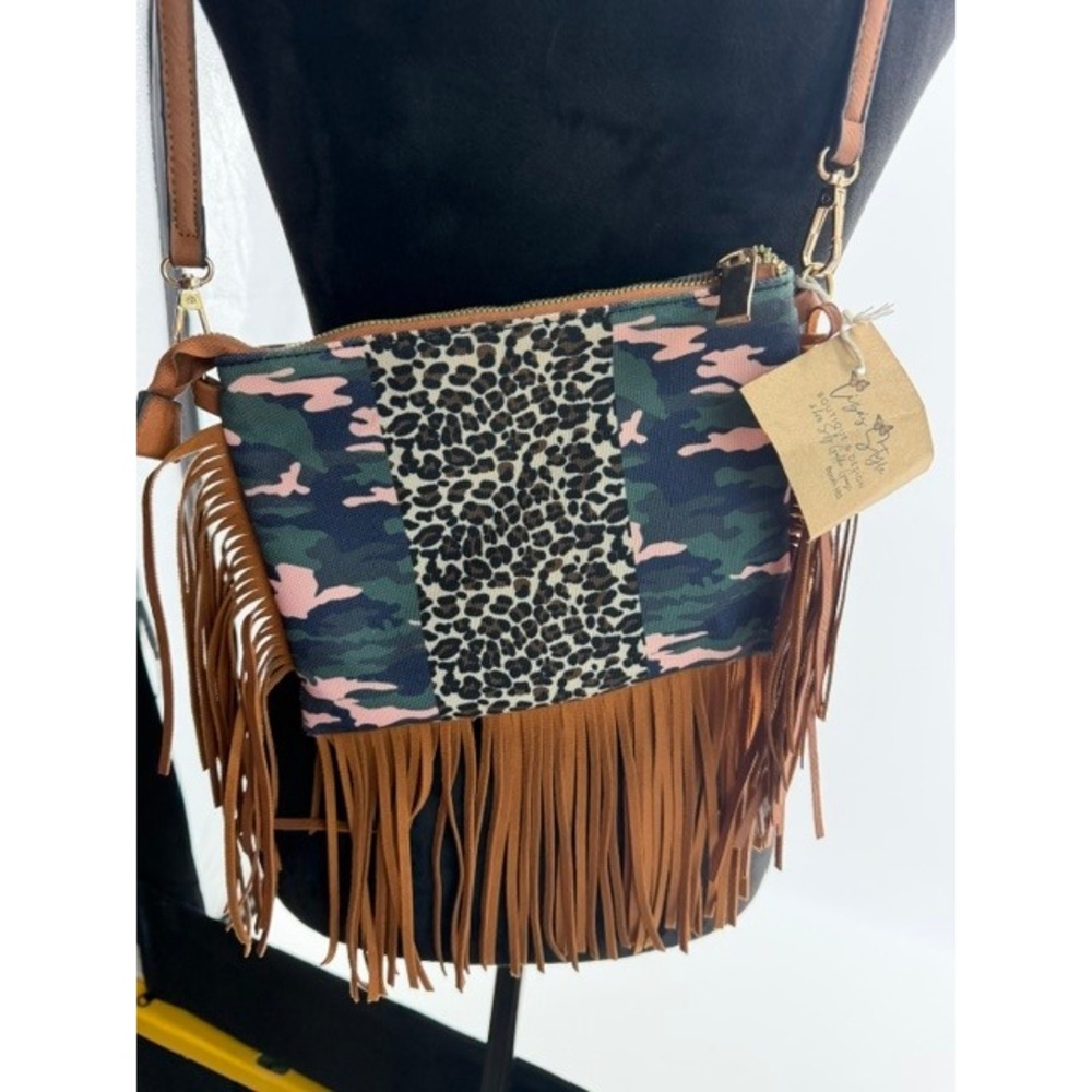 Gypsy Style Crossbody Bag Leopard Camo Fringe Leather Strand Mixed Print NWT